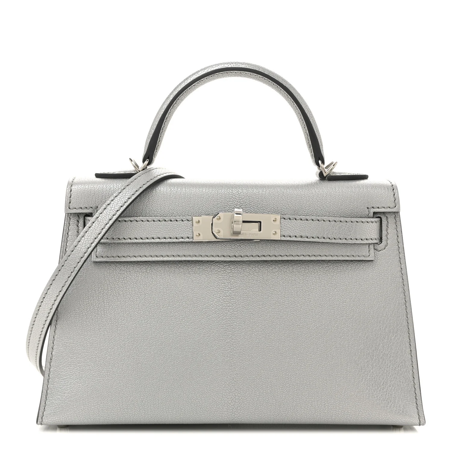 Hermes Metallic Chevre Chamkilight Mini Kelly Sellier 20 in stunning silver argent