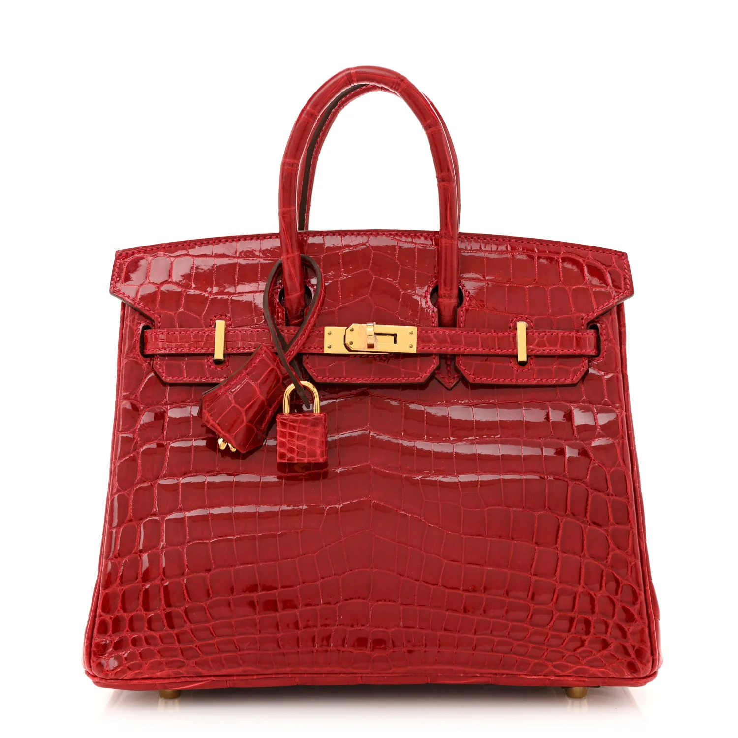 Hermes Shiny Niloticus Crocodile Birkin 25 in vibrant Rouge Casaque
