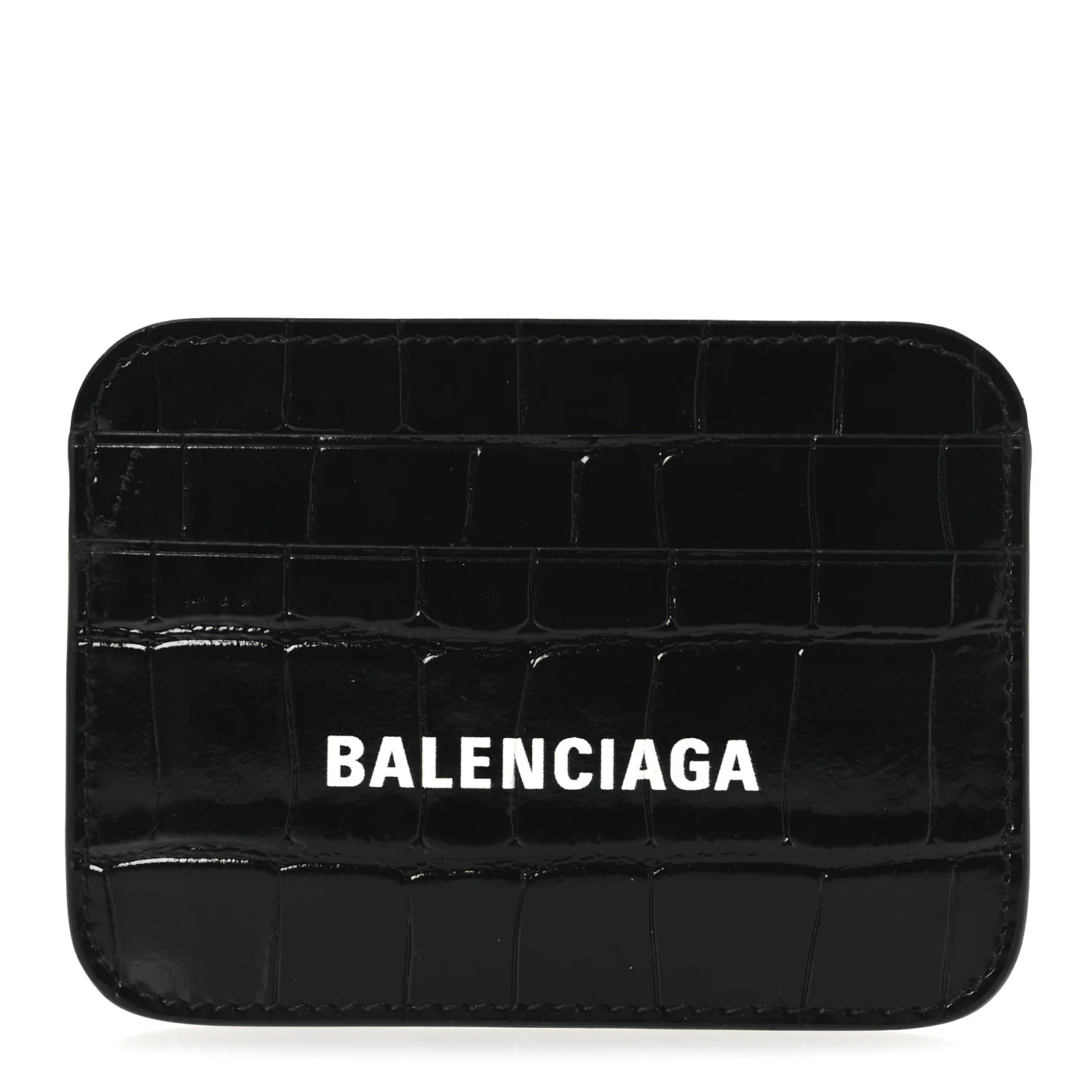 Balenciaga Shiny Calfskin Logo Crocodile Embossed Cash Rounded Card Holder in Black White