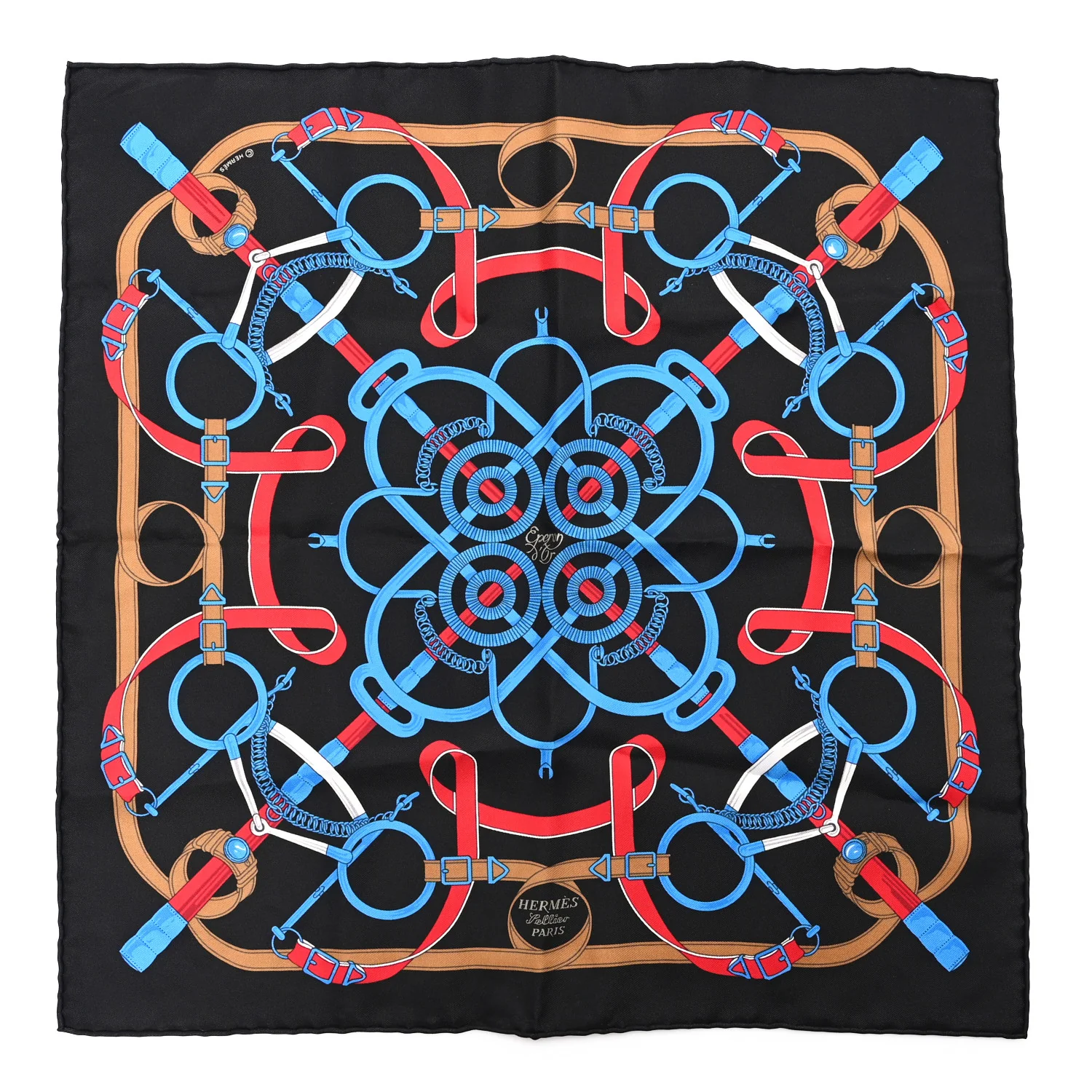 Hermes Silk Eperon D'Or Pocket Square Scarf in Black Bleu Vif Rouge