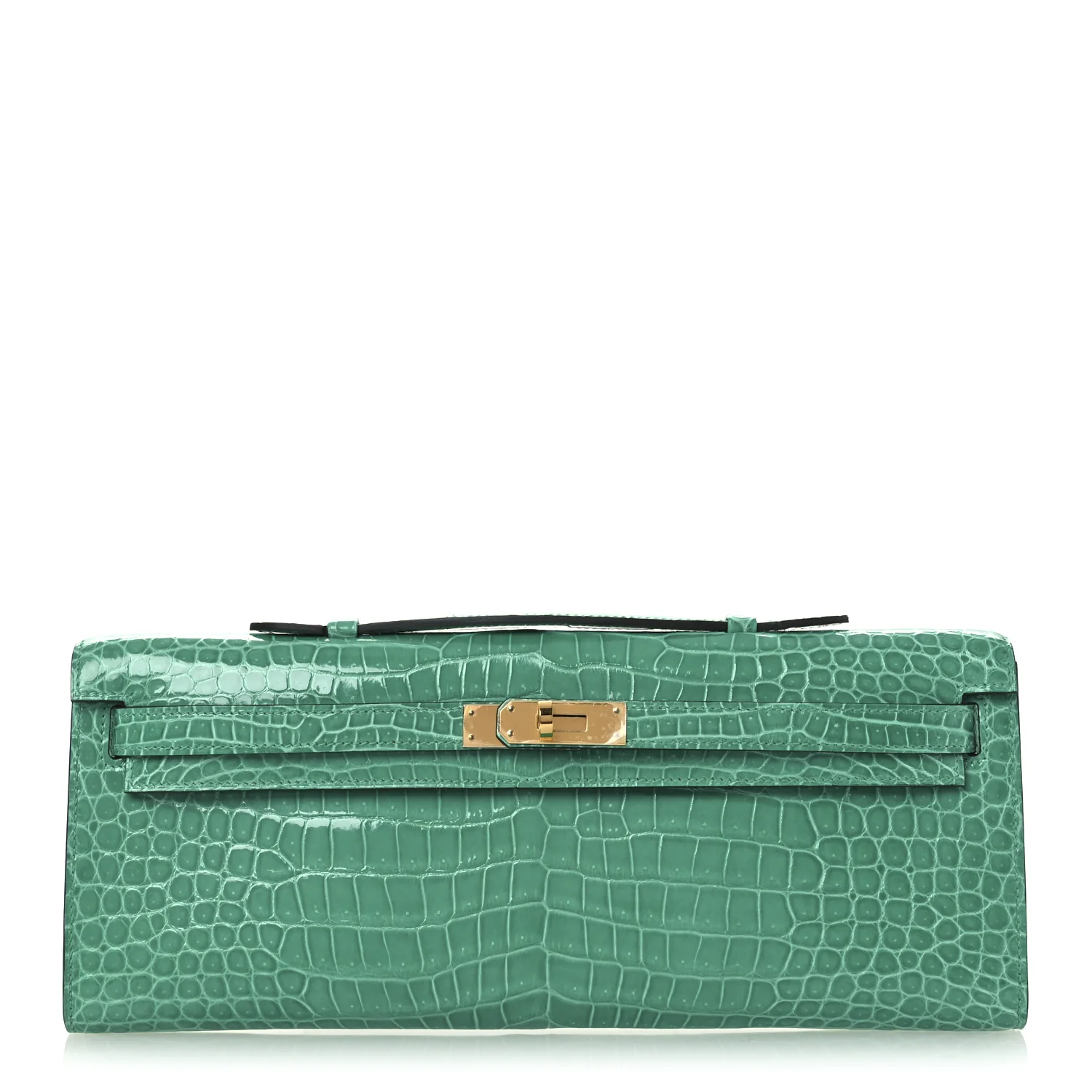 Hermes Shiny Porosus Crocodile Kelly Cut Pochette Vert Jade