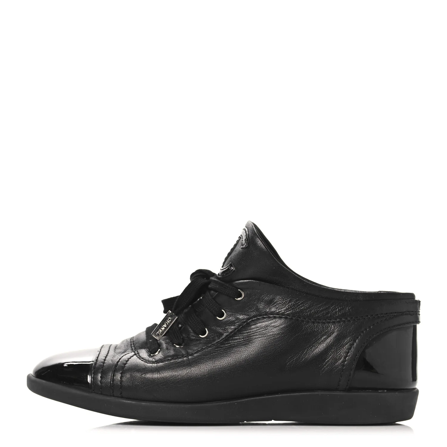 Chanel lambskin patent cap toe CC sneakers in black