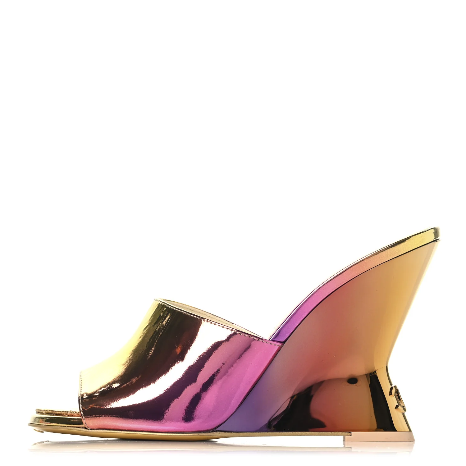 Chanel laminated calfskin wedge mules in pink orange and yellow