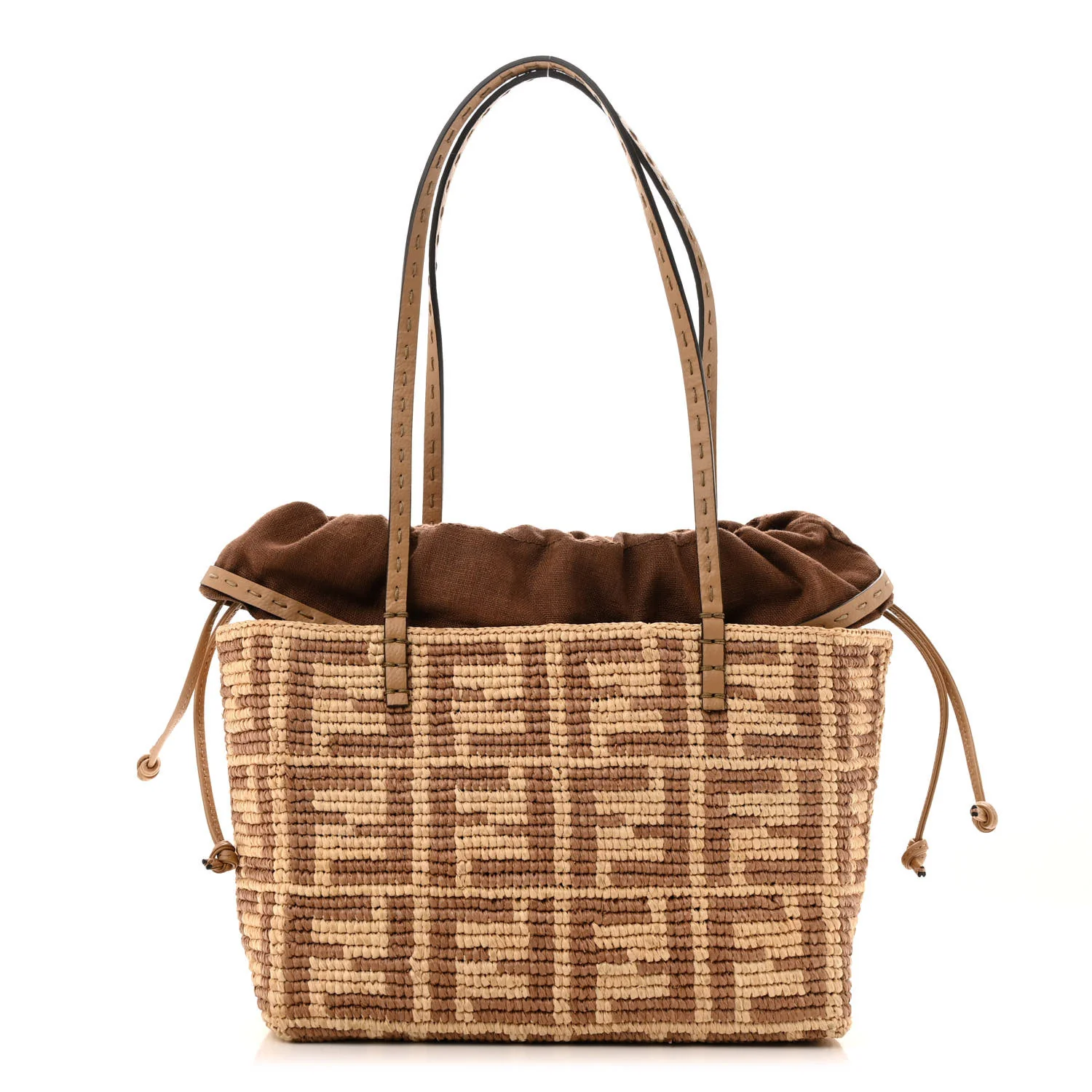 Fendi Raffia Cuoio Romano FF Crochet Small Roll Shopper in Natural Dark Honey