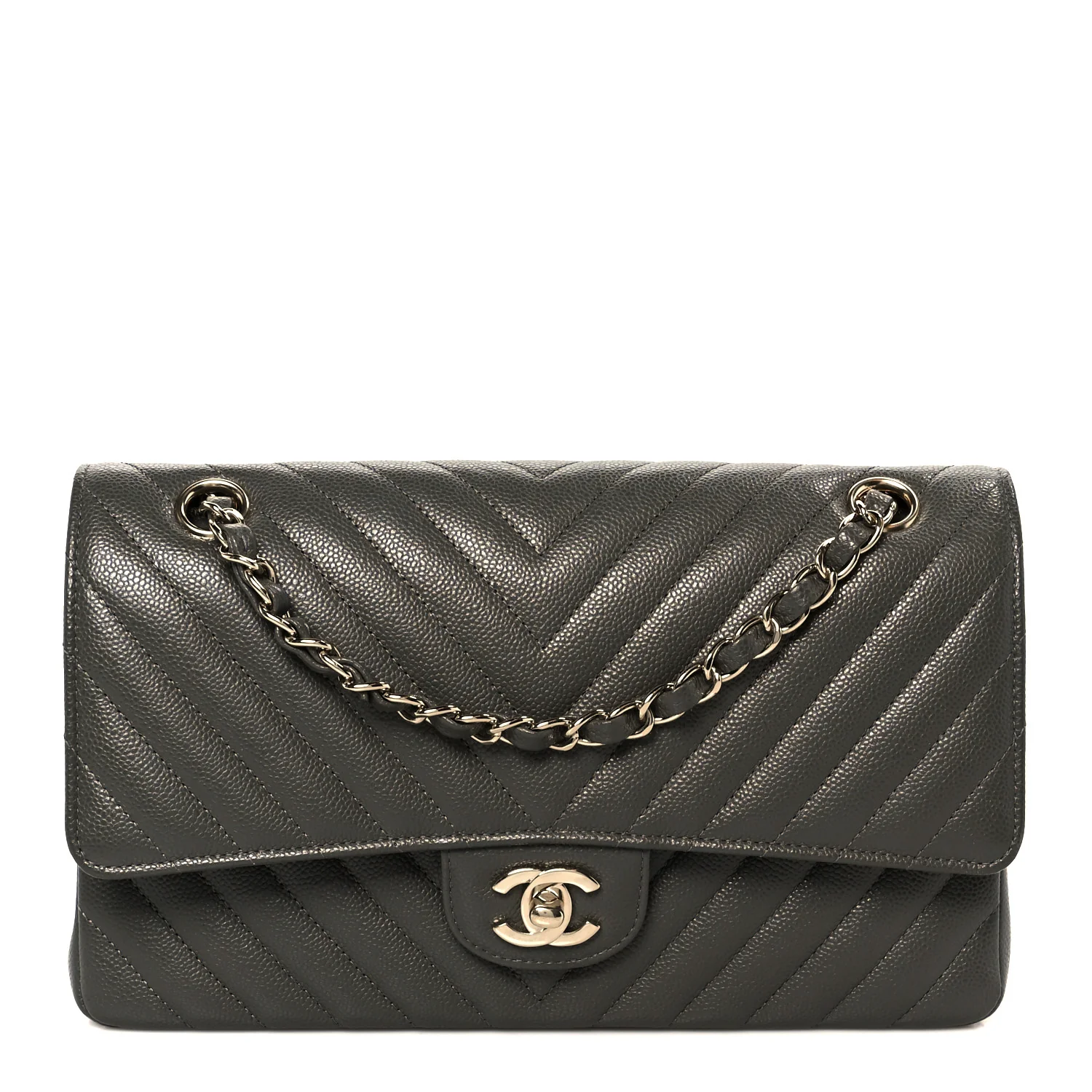 Chanel Caviar Chevron Quilted Medium Double Flap in Dark Grey