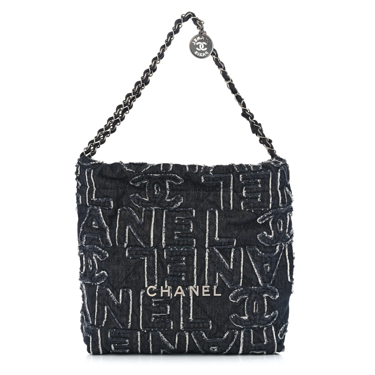 Chanel denim patchwork quilted Chanel 22 bag in black
