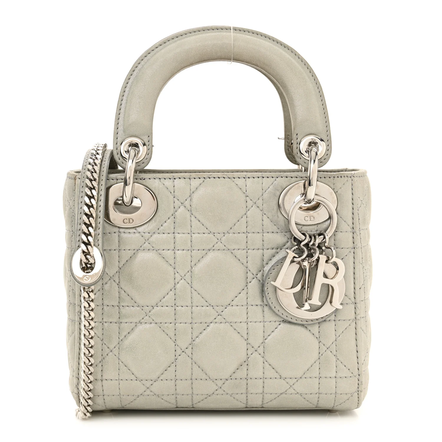 Christian Dior Metallic Silver Lambskin Cannage Mini Lady Dior