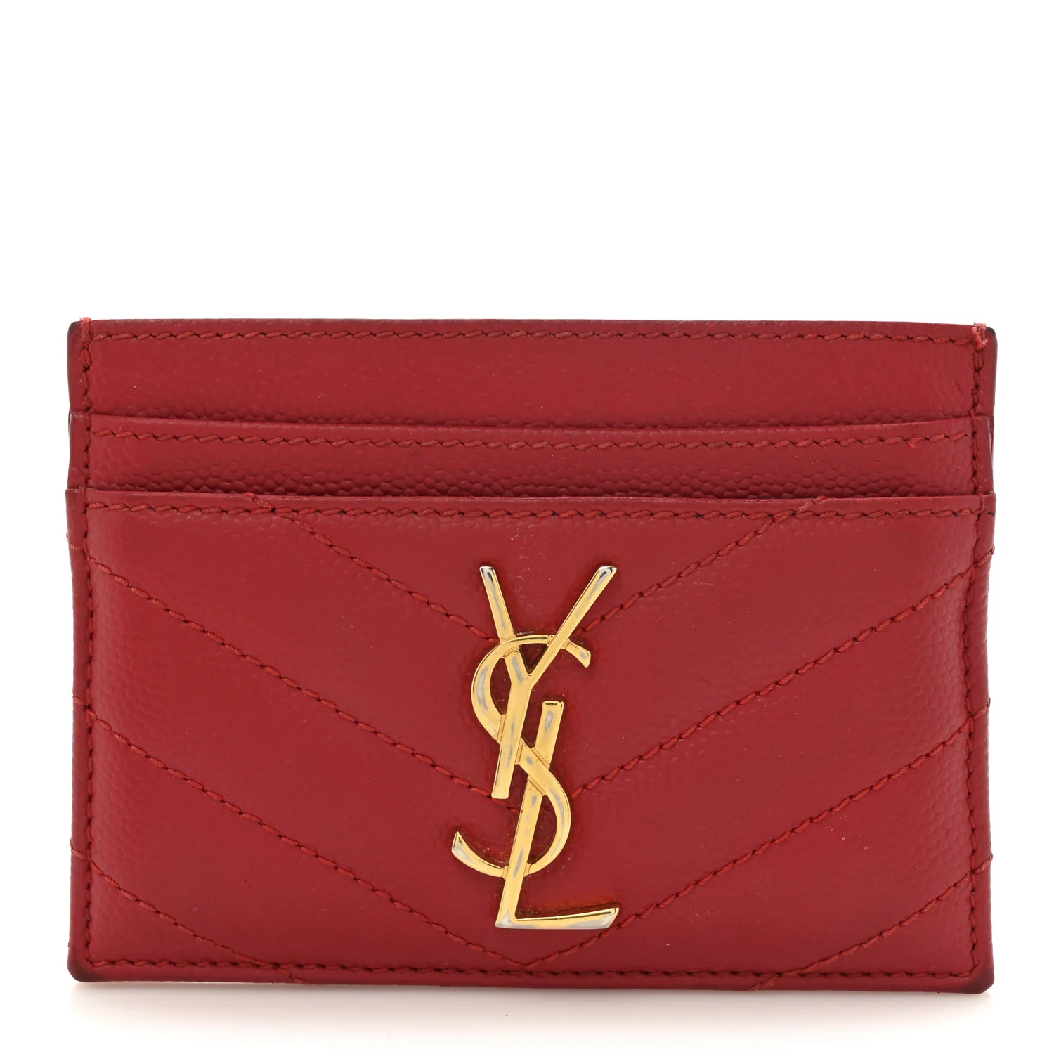 Saint Laurent Grain De Poudre Matelasse Chevron Monogram Credit Card Case in Red