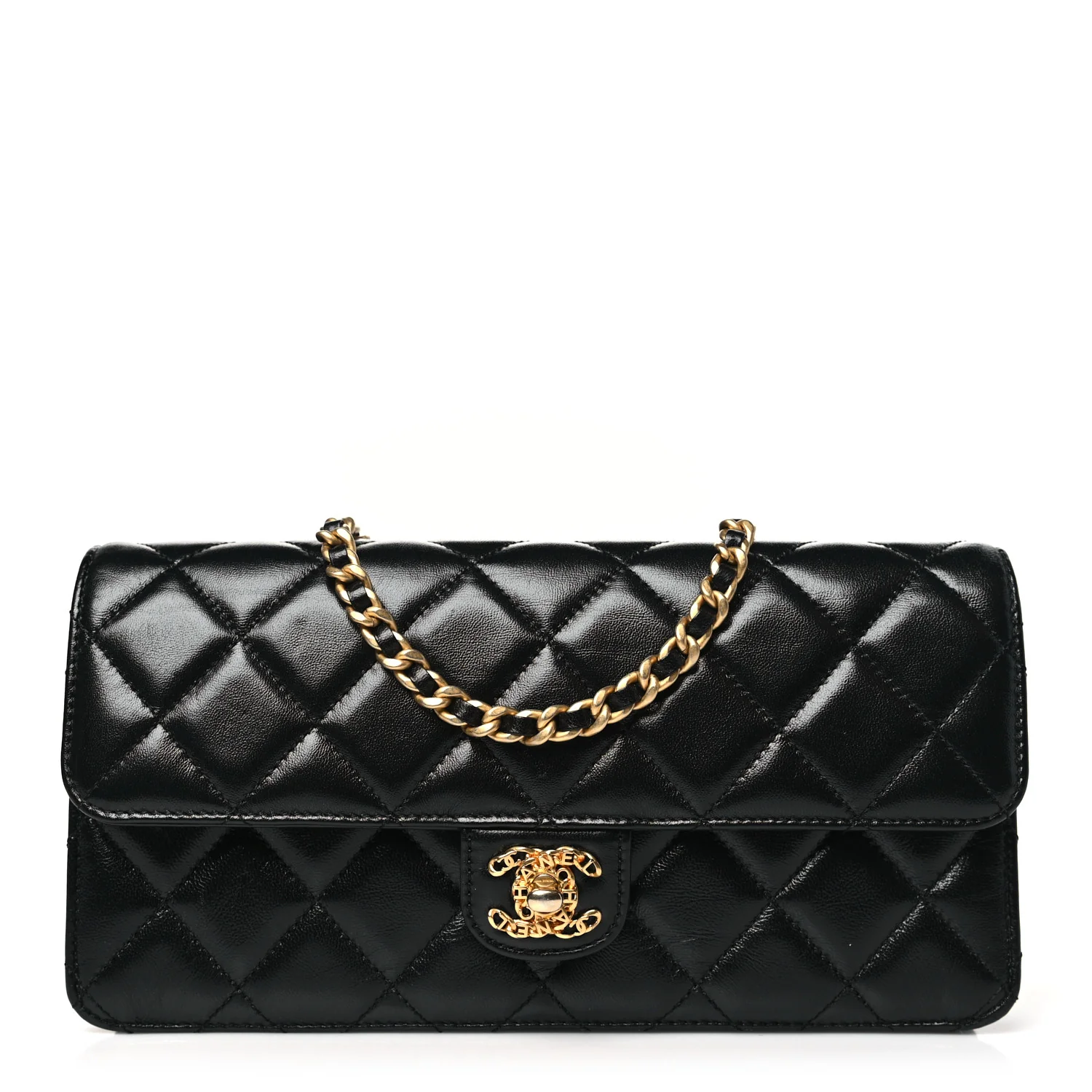 Chanel black shiny lambskin quilted flap clutch bag