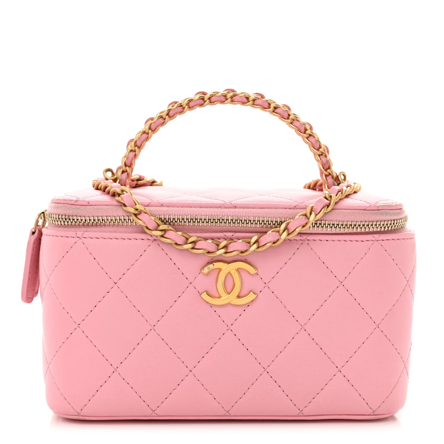 Chanel pink lambskin quilted pick me up vanity case